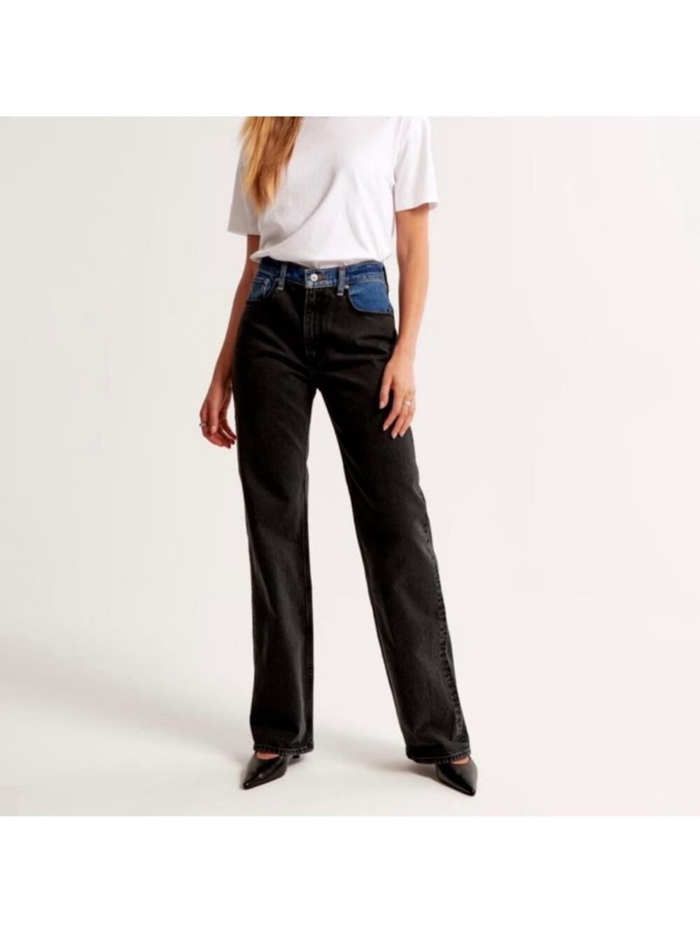 Abercrombie & Fitch The 90s Relaxed High Rise Jeans Two Tone Black Blue Size 24 - Picture 2 of 7